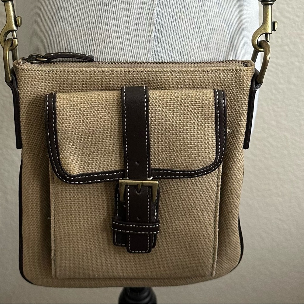 Eddie Bauer Crossbody Bag Canvas Leather Trim Tan Brown Vintage‎ Handbag Travel - Picture 6 of 10